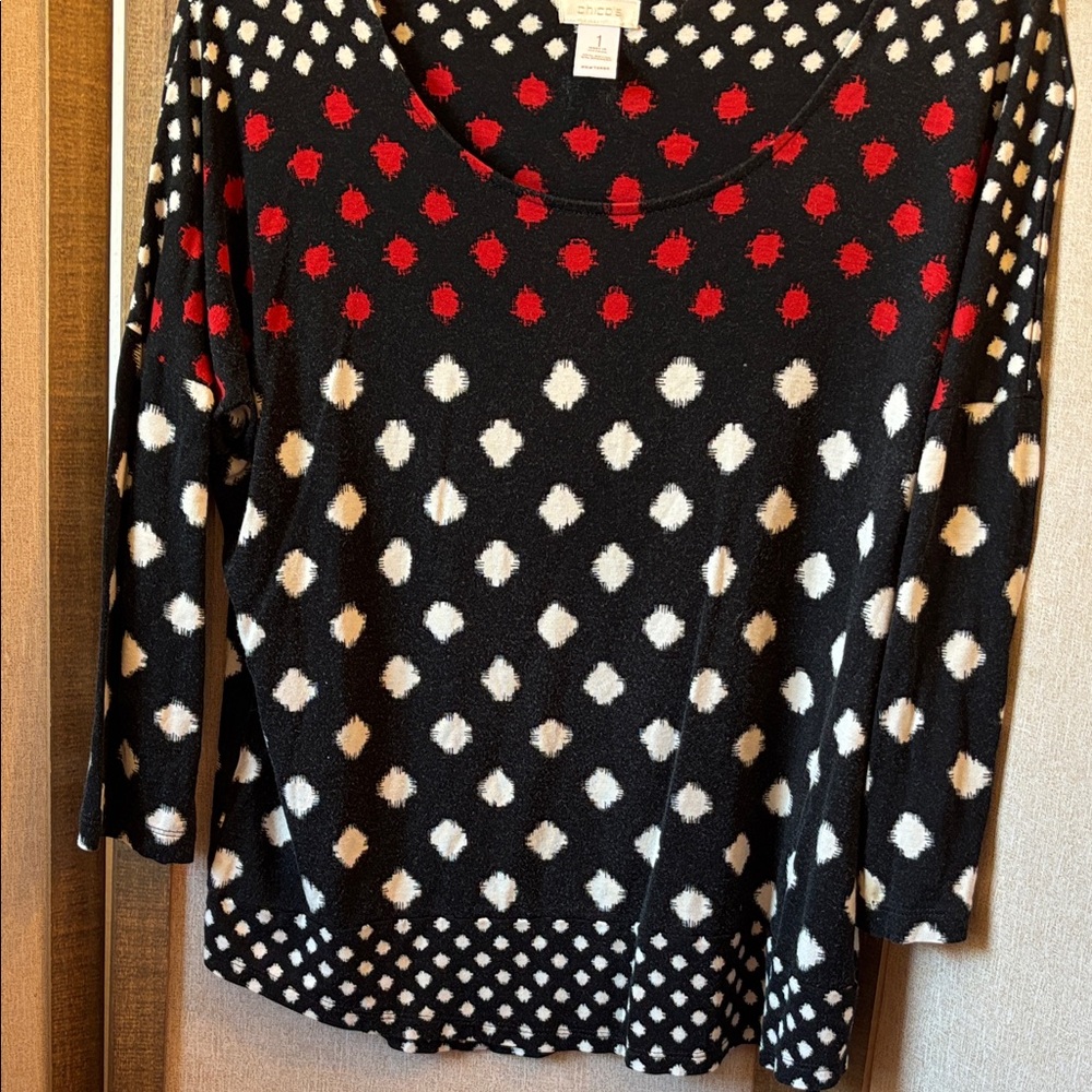FINAL MARKDOWN Chico's Black Sweater with Red and White Dots 1 medium